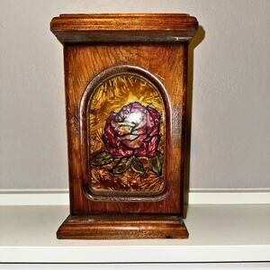Vintage Wooden Wall Sconce Box with Stained Glass Rose Panel